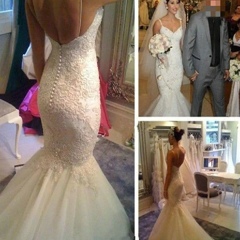 Dress for wedding beautiful style wow--Sexy V-Neck Mermaid Wedding Dress Affordable Spaghetti Straps Lace Backless Bridal Gown, WD0079