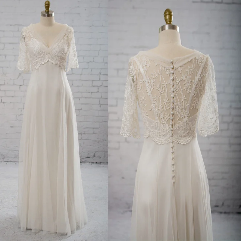 Wedding dress easy to pack lightweight best--Vintage Half Sleeve V-Neck Elegant See Through Wedding Party Dresses, WD0037 Wedding dress easy to pack lightweight best--Vintage Half Sleeve V-Neck Elegant See Through Wedding Party Dresses, WD0037