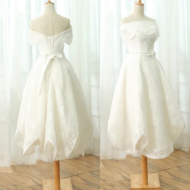 Wedding dress with statement sleeves trend--Elegant Petal Off Shoulder Tea-length Full Lace Beading Sash Wedding Dresses,BD00212 Wedding dress with statement sleeves trend--Elegant Petal Off Shoulder Tea-length Full Lace Beading Sash Wedding Dresses,BD00212