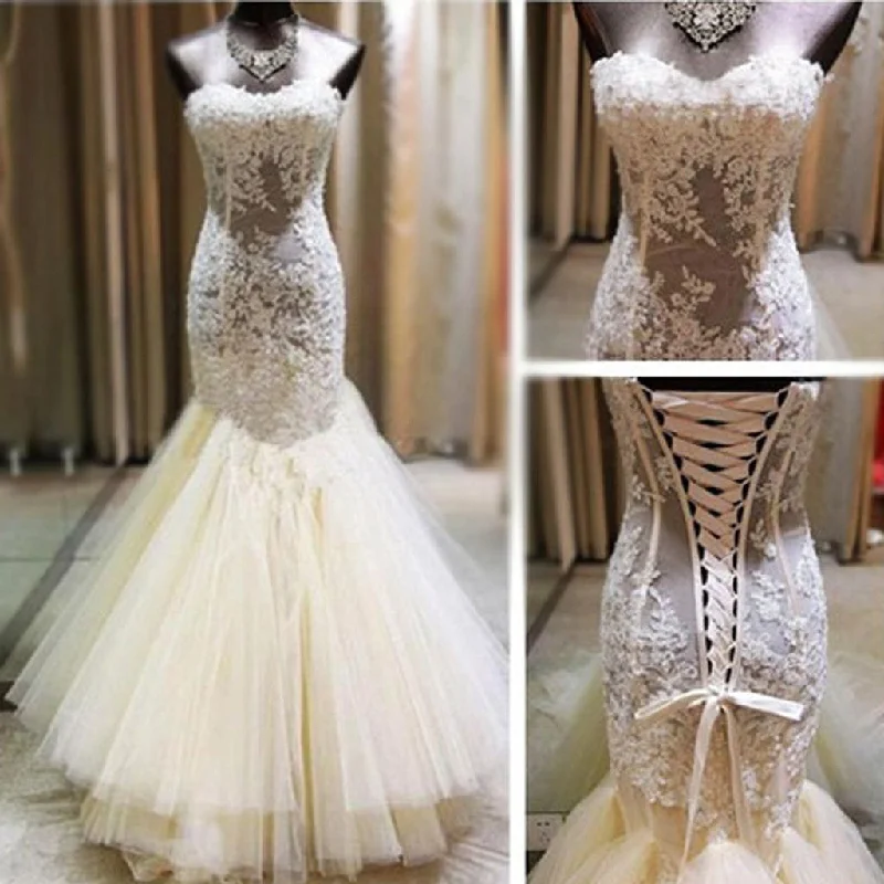 Dress in style for a destination wedding trip--Sexy Ivory Lace Sweetheart See Through Mermaid Tulle Wedding Party Dresses, WD0051 Dress in style for a destination wedding trip--Sexy Ivory Lace Sweetheart See Through Mermaid Tulle Wedding Party Dresses, WD0051