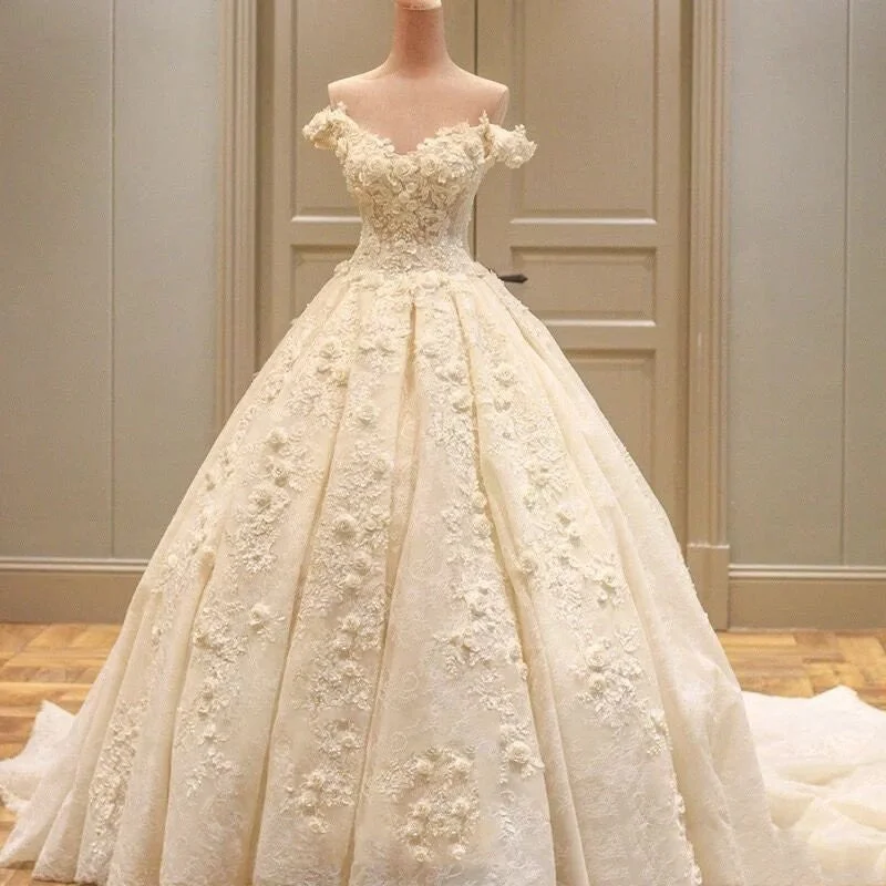Wedding dress strapless design classic--Charming Long A-line V-neck  Off Shoulder Three-dimensional Flower Appliques  Lace  Wedding Dress, AB1092