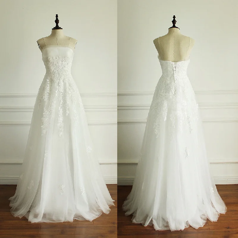 Dress for wedding formal black tie affairs--Long Generous Beach Wedding Pleating Tulle Straight Across A-line Appliques Lace Up Back Wedding Dress, AB1097 Dress for wedding formal black tie affairs--Long Generous Beach Wedding Pleating Tulle Straight Across A-line Appliques Lace Up Back Wedding Dress, AB1097