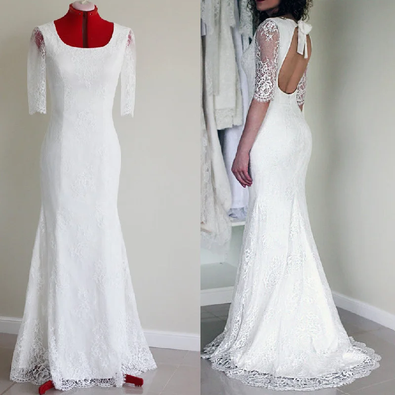 Dress for wedding modern style minimalist--Popular Half Sleeve Sexy Long Mermaid Open Back White Lace Wedding Party Dress, WD0041 Dress for wedding modern style minimalist--Popular Half Sleeve Sexy Long Mermaid Open Back White Lace Wedding Party Dress, WD0041