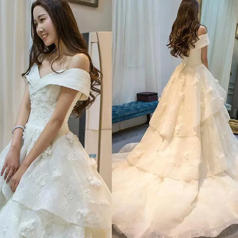 Wedding dress with a high neckline modest--Long A-line Off Shoulder Glamorous Floor-Length Princess Lace Ruffles Wedding Dresses, WD0090 Wedding dress with a high neckline modest--Long A-line Off Shoulder Glamorous Floor-Length Princess Lace Ruffles Wedding Dresses, WD0090