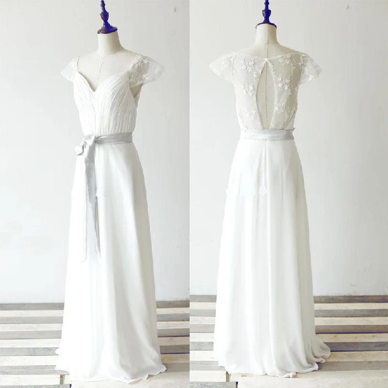 Wedding dress high-quality materials joy--Simple Long A-line White Chiffon Wedding Party Dresses, Cap Sleeve Lace Bridal Gown, WD0062 Wedding dress high-quality materials joy--Simple Long A-line White Chiffon Wedding Party Dresses, Cap Sleeve Lace Bridal Gown, WD0062