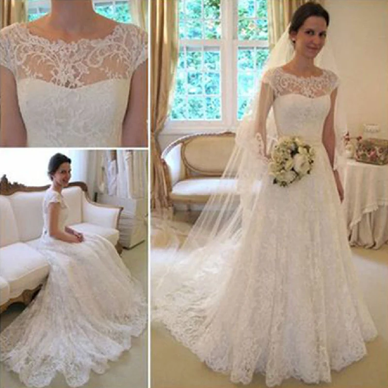 Wedding dress that is unique and modern now--Long A-Line Round Neck Illusion White Lace Wedding Party Dresses, WD0044 Wedding dress that is unique and modern now--Long A-Line Round Neck Illusion White Lace Wedding Party Dresses, WD0044