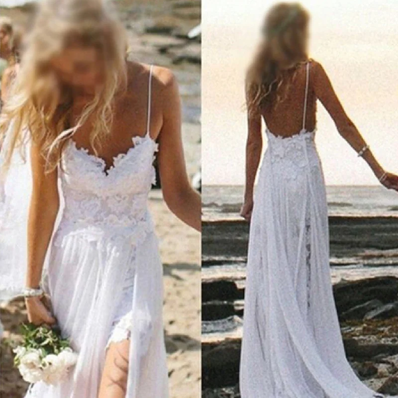 Wedding dress that is age-appropriate look--Simple Spaghetti White Lace Side Slit Wedding Dresses For Beach Wedding, WD0047 Wedding dress that is age-appropriate look--Simple Spaghetti White Lace Side Slit Wedding Dresses For Beach Wedding, WD0047