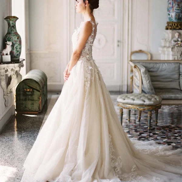 Dress for wedding petite women fit styles--See Through Round Neck Sleeveless Lace Applique Ball Gown Wedding Dresses, WD0119 Dress for wedding petite women fit styles--See Through Round Neck Sleeveless Lace Applique Ball Gown Wedding Dresses, WD0119