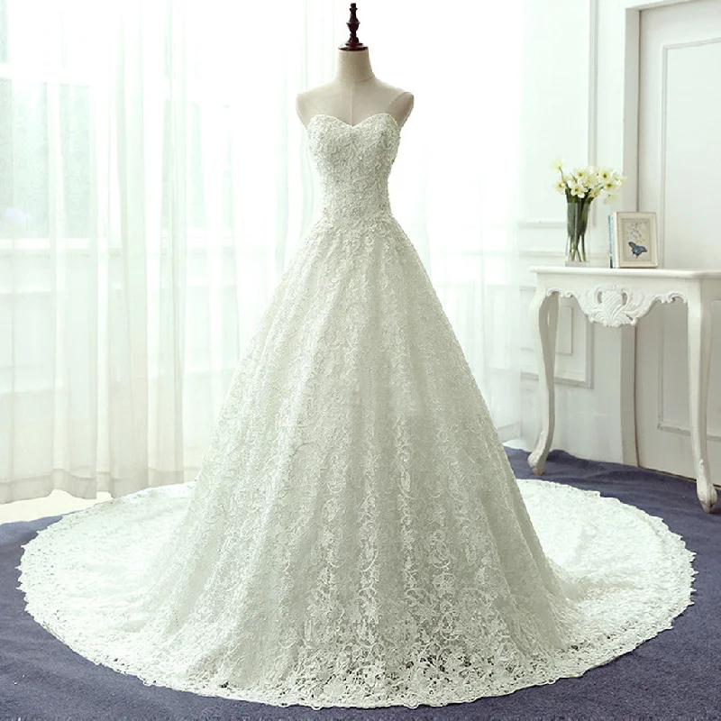 Wedding dress elongates legs nicely help--Vintage Ivory Lace Beading A-line Sweetheart Strapless Lace Up Back Gorgeous Cathedral Train Wedding Dress, AB1098 Wedding dress elongates legs nicely help--Vintage Ivory Lace Beading A-line Sweetheart Strapless Lace Up Back Gorgeous Cathedral Train Wedding Dress, AB1098