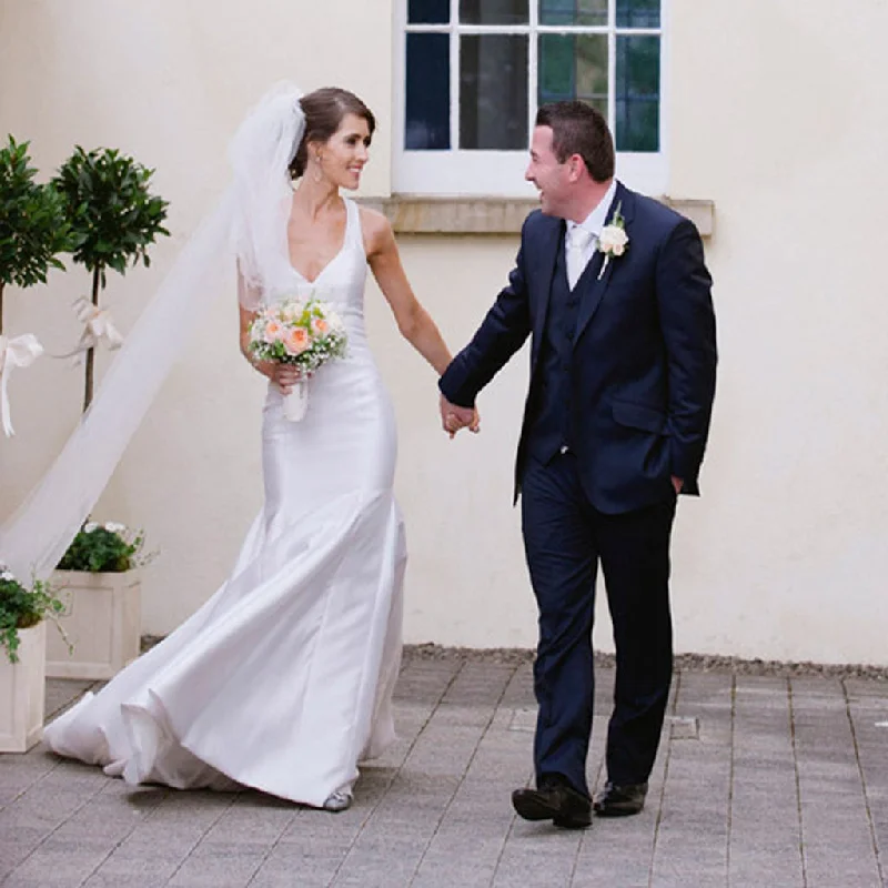 Dress for wedding cocktail attire reception--Cheap Simple Satin Sleeveless V-neck Criss-Cross Back Floor Length Wedding Dress, AB1105 Dress for wedding cocktail attire reception--Cheap Simple Satin Sleeveless V-neck Criss-Cross Back Floor Length Wedding Dress, AB1105