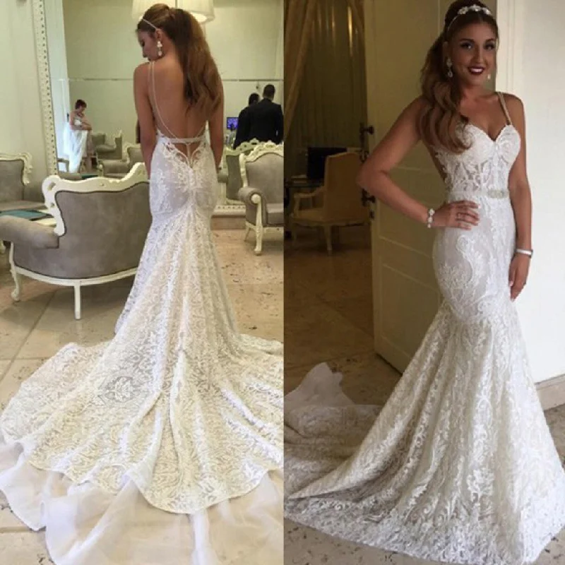 Wedding dress: shoe pairing guide tips--Sexy Mermaid Spaghetti Backless Lace Bridal Gown, Wedding Party Dresses, WD0053