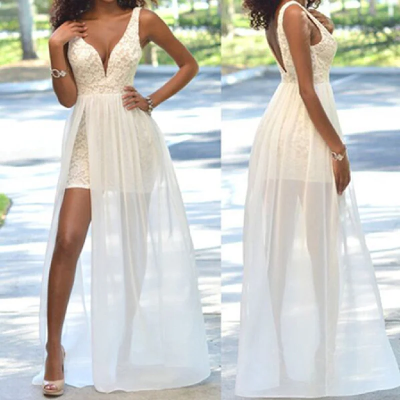 Dress for wedding holiday celebration glam--Cheap Popular Simple Ivory Lace Side Slit Chiffon Wedding Party Dresses, WD0048 Dress for wedding holiday celebration glam--Cheap Popular Simple Ivory Lace Side Slit Chiffon Wedding Party Dresses, WD0048