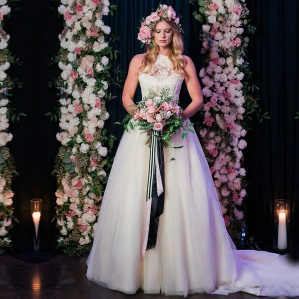 Wedding dress that is age-defying styles--Elegant See Through Lace High Neck Lace Up Back Tulle Wedding Dresses , AB1088 Wedding dress that is age-defying styles--Elegant See Through Lace High Neck Lace Up Back Tulle Wedding Dresses , AB1088