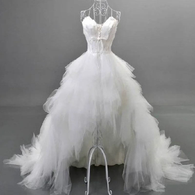 Wedding dress one-shoulder design style--Unique Style Hi-low Sweetheart White Tulle Spaghetti Wedding Dresses With Feather, WD0067 Wedding dress one-shoulder design style--Unique Style Hi-low Sweetheart White Tulle Spaghetti Wedding Dresses With Feather, WD0067