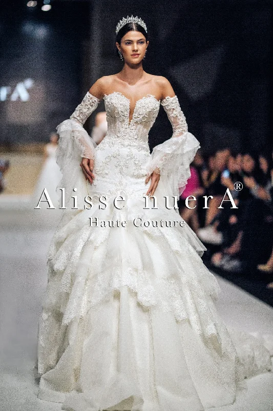Wedding dress that is Instagram worthy shot--Corset Bust Lace Wedding Dress with Layered Trumpet Skirt and Detachable Ruffle Sleeve Wedding dress that is Instagram worthy shot--Corset Bust Lace Wedding Dress with Layered Trumpet Skirt and Detachable Ruffle Sleeve