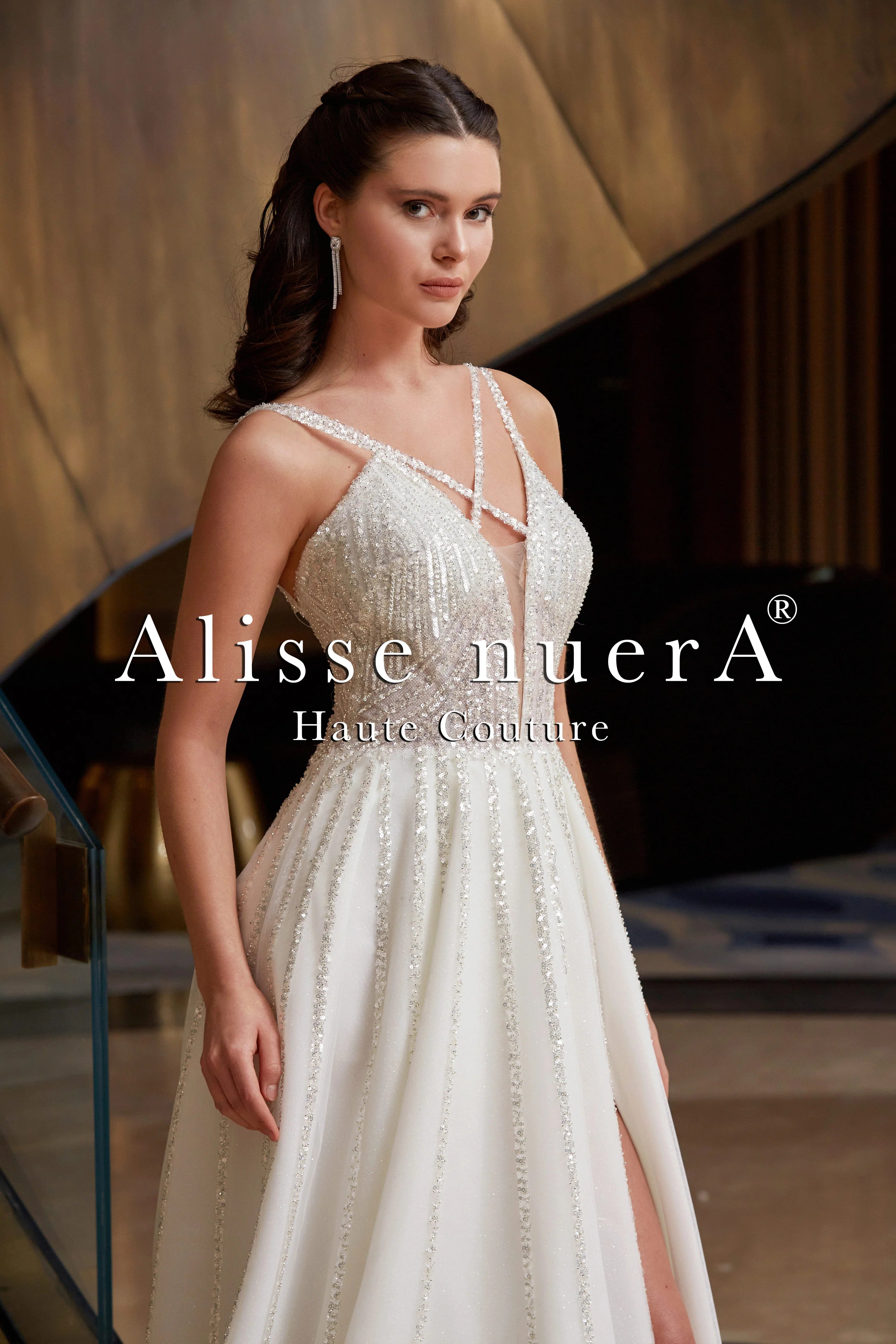 Wedding dress with a halter neckline unique--Criss Cross Strap Silver Sequin Embellished A Line Wedding Dress with One Side Split Skirt Wedding dress with a halter neckline unique--Criss Cross Strap Silver Sequin Embellished A Line Wedding Dress with One Side Split Skirt