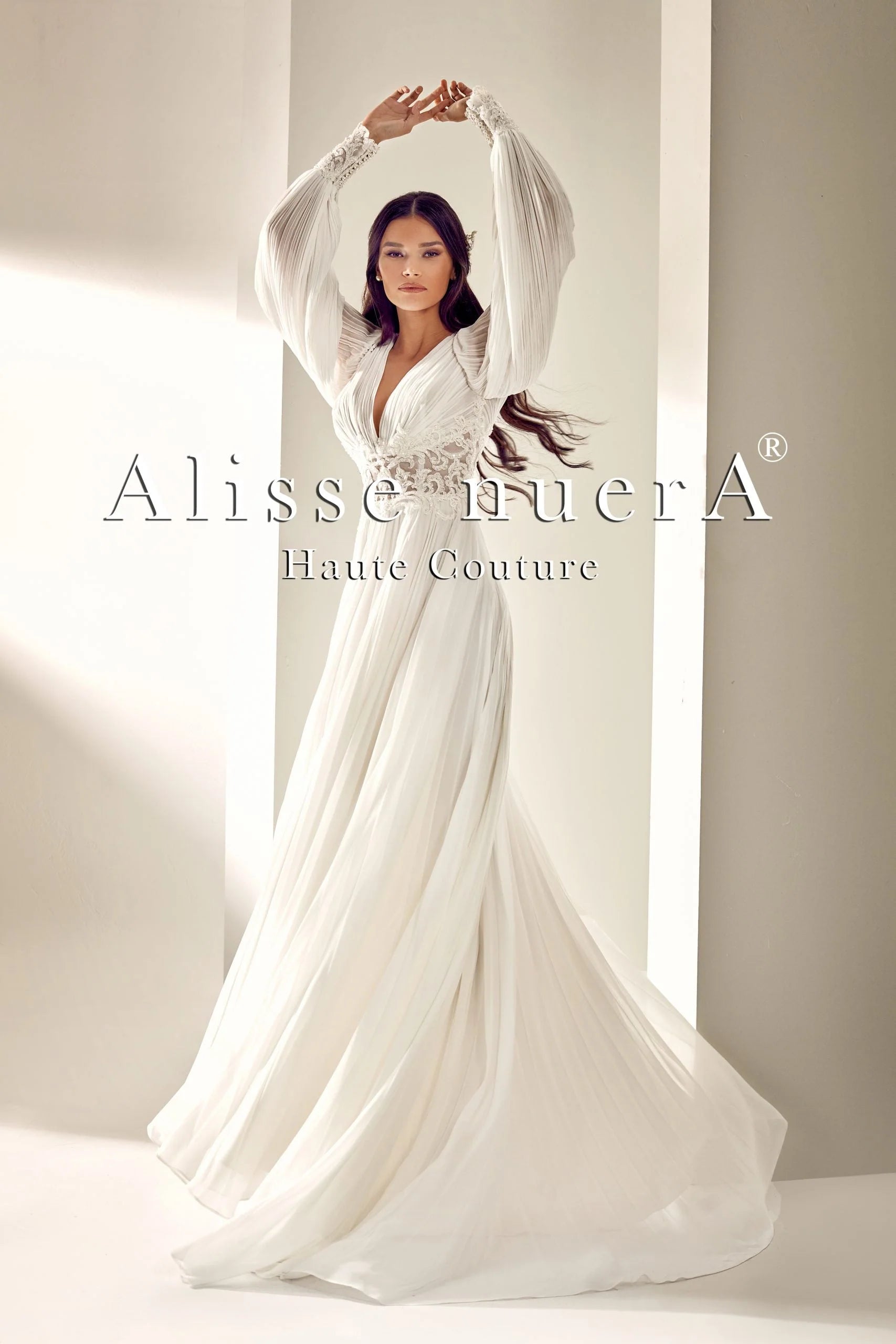 Wedding dress that is comfortable for dancing--Draped Chiffon Lantern Sleeve Fluffy Bohemian Bridal Dress
