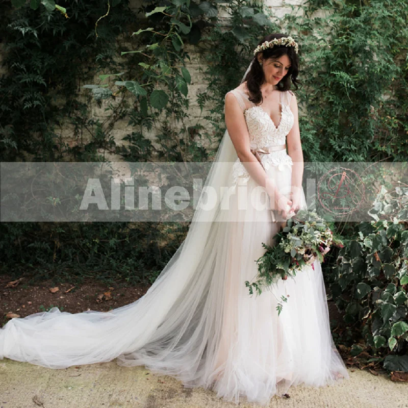 Wedding dress with a plunging neckline sex--Elegant V-neck Lace Top Tulle Bottom A-line Boho Wedding Dresses, AB1133 Wedding dress with a plunging neckline sex--Elegant V-neck Lace Top Tulle Bottom A-line Boho Wedding Dresses, AB1133