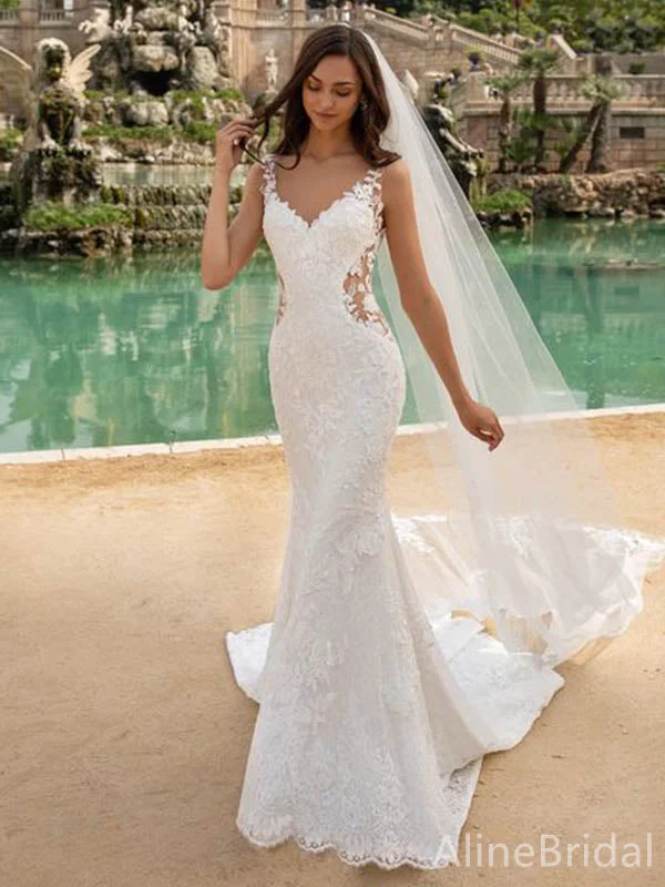 Wedding dress with a plunging neckline sex--Elegant V-neck Spaghetti Strap Mermaid Long Wedding Dresses,WD3074 Wedding dress with a plunging neckline sex--Elegant V-neck Spaghetti Strap Mermaid Long Wedding Dresses,WD3074