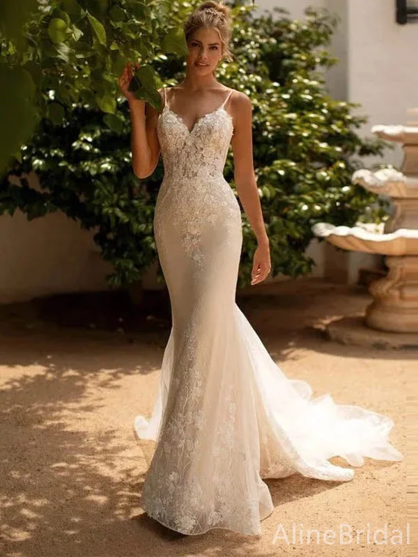 Wedding dress that is Instagram worthy shot--Luxury V-neck Spaghetti Strap Mermaid Long Wedding Dresses,WD3075 Wedding dress that is Instagram worthy shot--Luxury V-neck Spaghetti Strap Mermaid Long Wedding Dresses,WD3075