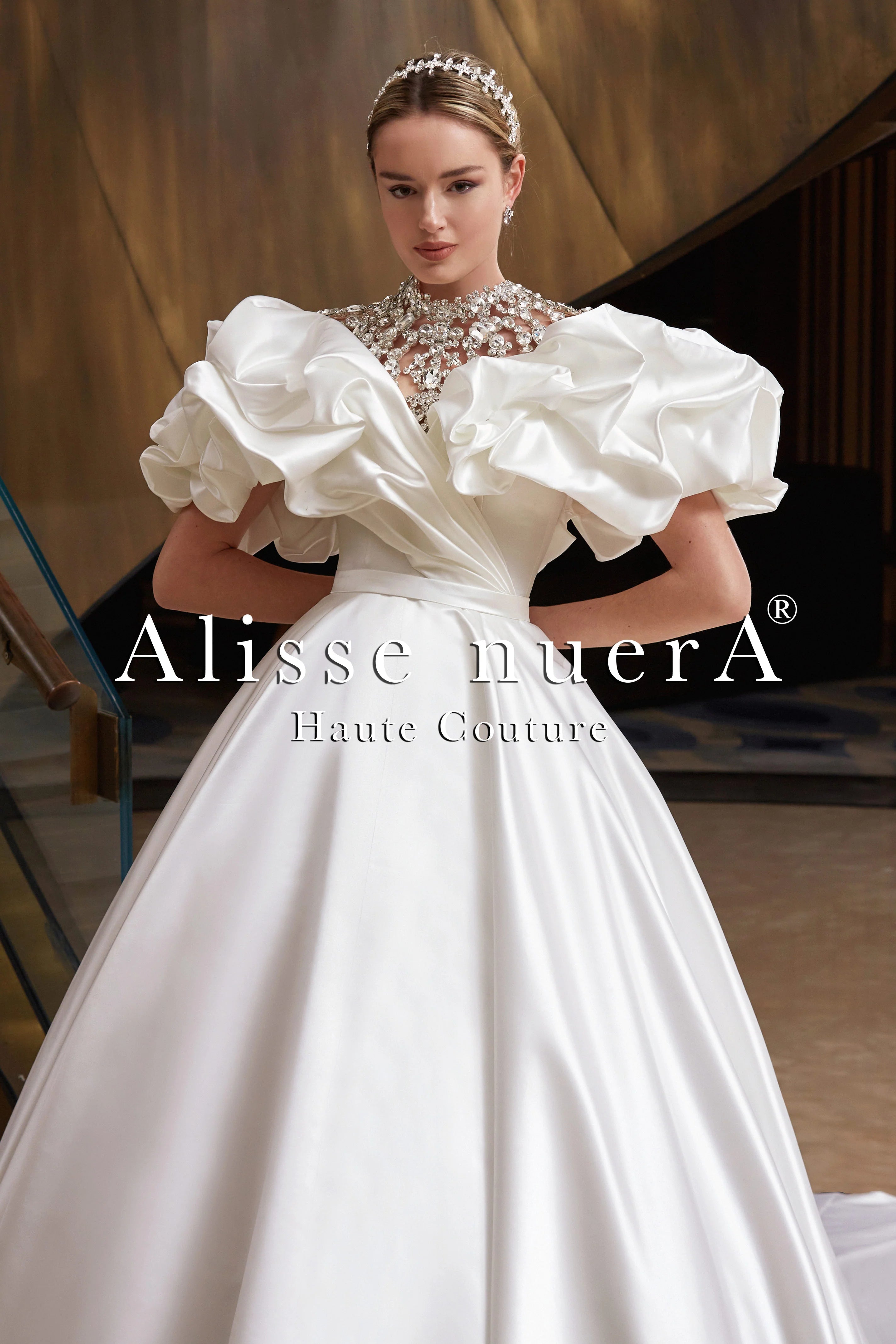 Dress for wedding spring season garden look--Empire Waist Satin Draped Puff Sleeve Ball Gown Bridal Dress with Rhinestone Bridal Necklace Dress for wedding spring season garden look--Empire Waist Satin Draped Puff Sleeve Ball Gown Bridal Dress with Rhinestone Bridal Necklace