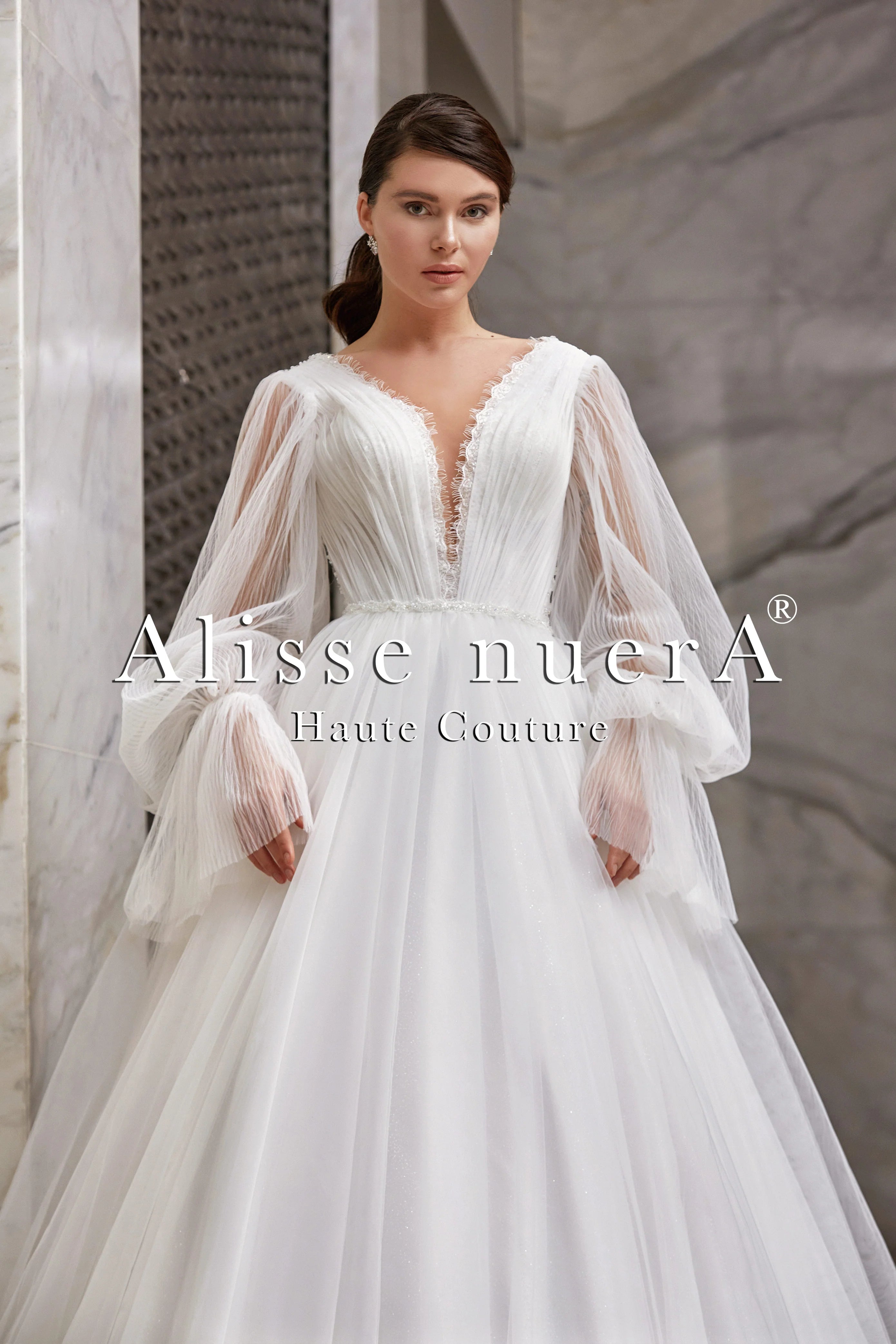 Wedding dress beach party themes best--Empire Waist Wedding Dress Model with Long Balloon Sleeves and Deep V-Neck Wedding dress beach party themes best--Empire Waist Wedding Dress Model with Long Balloon Sleeves and Deep V-Neck