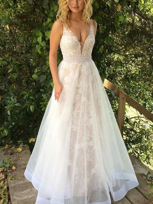 Dress for wedding radiant style glowing--Fashion Lace Tulle A-line Beading Belt Sleeveless Wedding Dresses, AB1521 Dress for wedding radiant style glowing--Fashion Lace Tulle A-line Beading Belt Sleeveless Wedding Dresses, AB1521