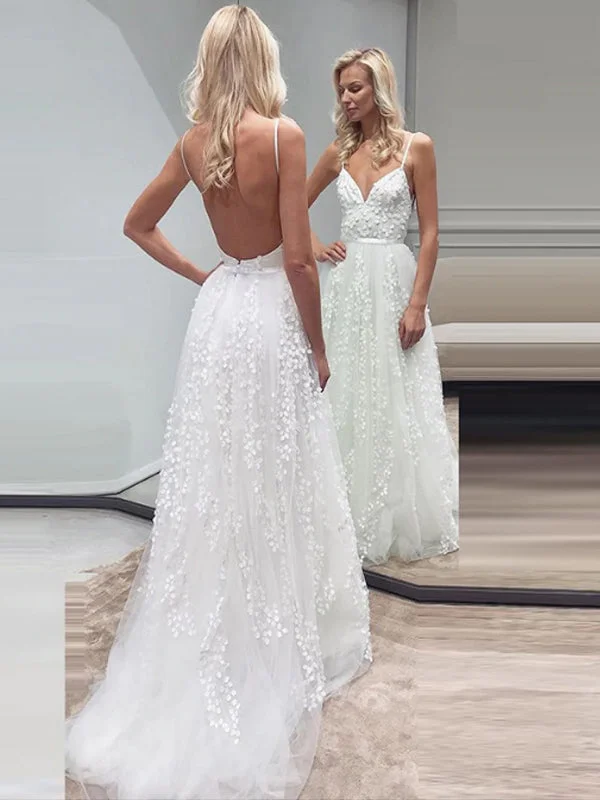 Wedding dress with an open back daring style--Fashion Lace Tulle Spaghetti Strap Backless Beach Wedding Dresses, AB1549