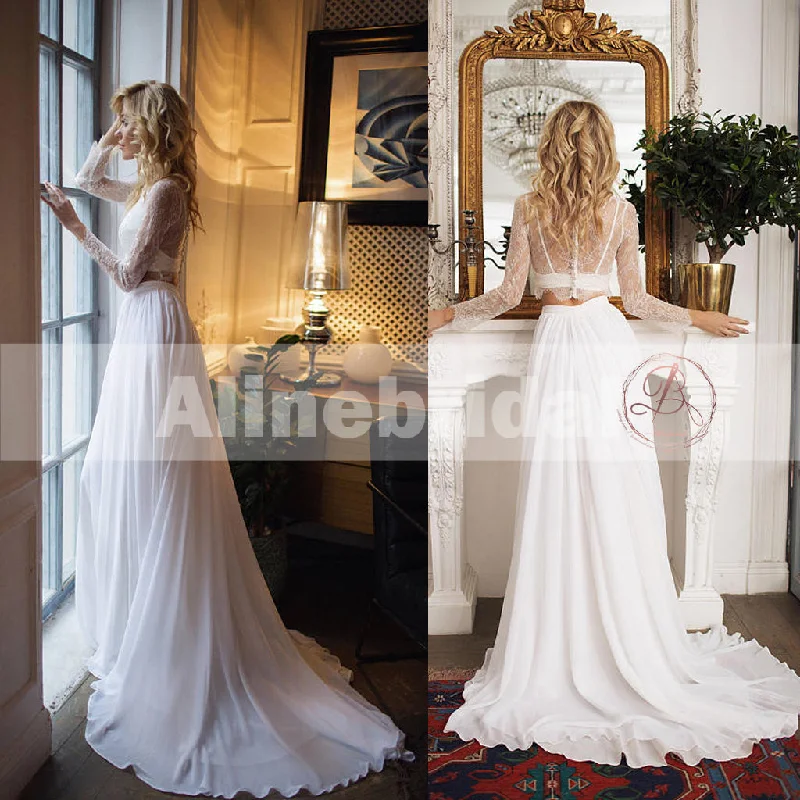 Dress for wedding sophisticated style chic--Fashion Two Piece Long Sleeves Lace Top Chiffon Beach Wedding Dresses, AB1145 Dress for wedding sophisticated style chic--Fashion Two Piece Long Sleeves Lace Top Chiffon Beach Wedding Dresses, AB1145