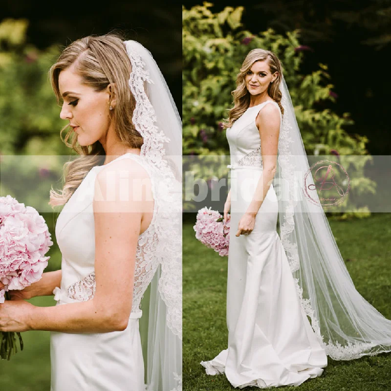 Wedding dress with lace accents elegant vibe--Formal Round Neck Sleeveless Lace Back Satin Mermaid Wedding Dresses, AB1135 Wedding dress with lace accents elegant vibe--Formal Round Neck Sleeveless Lace Back Satin Mermaid Wedding Dresses, AB1135