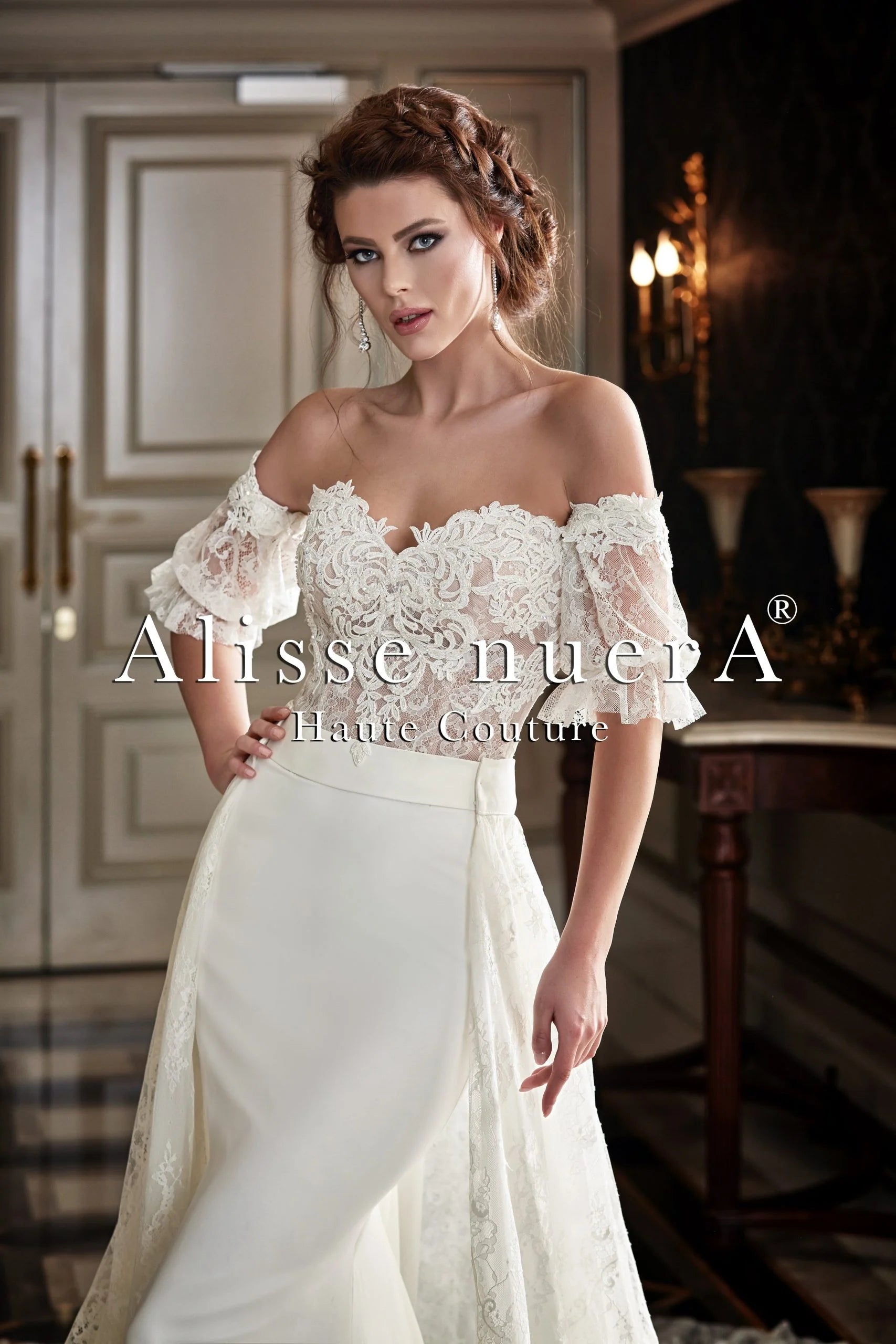 Dress for wedding holiday celebration glam--French Lace Detachable Mid Sleeve Wedding Dress with Overlay Lace Train Dress for wedding holiday celebration glam--French Lace Detachable Mid Sleeve Wedding Dress with Overlay Lace Train