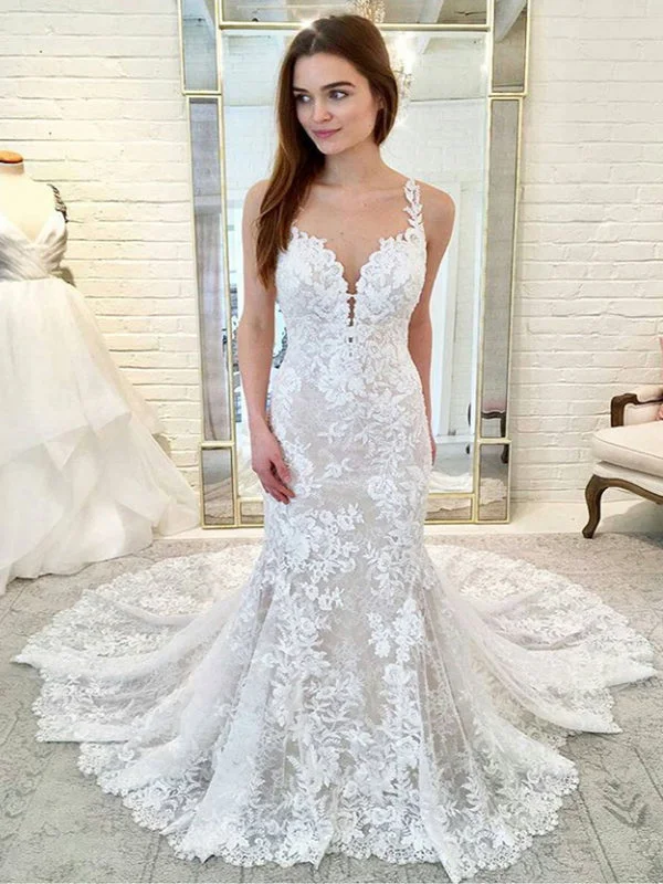 Wedding dress that is unforgettable amaze--Gorgeous Lace Nude Lining Spaghetti Strap Mermaid Train Wedding Dresses, AB1563 Wedding dress that is unforgettable amaze--Gorgeous Lace Nude Lining Spaghetti Strap Mermaid Train Wedding Dresses, AB1563