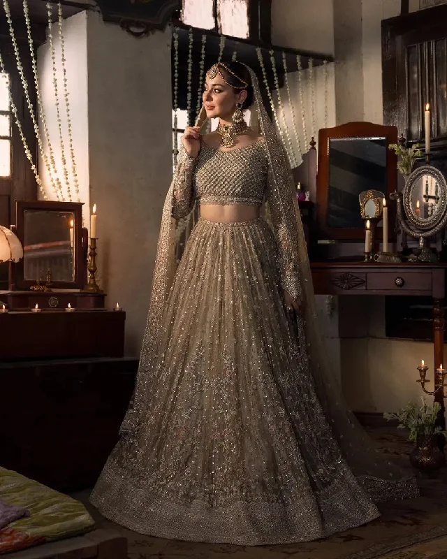 Wedding dress with elegant stripes pattern--Grey Color Lehenga Choli Bridal Dress