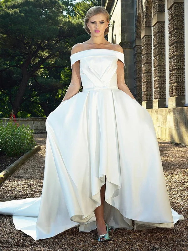Wedding dress excellent customer service--High Low Off Shoudler Off White Satin Ball Gown Wedding Dresses, AB1542 Wedding dress excellent customer service--High Low Off Shoudler Off White Satin Ball Gown Wedding Dresses, AB1542