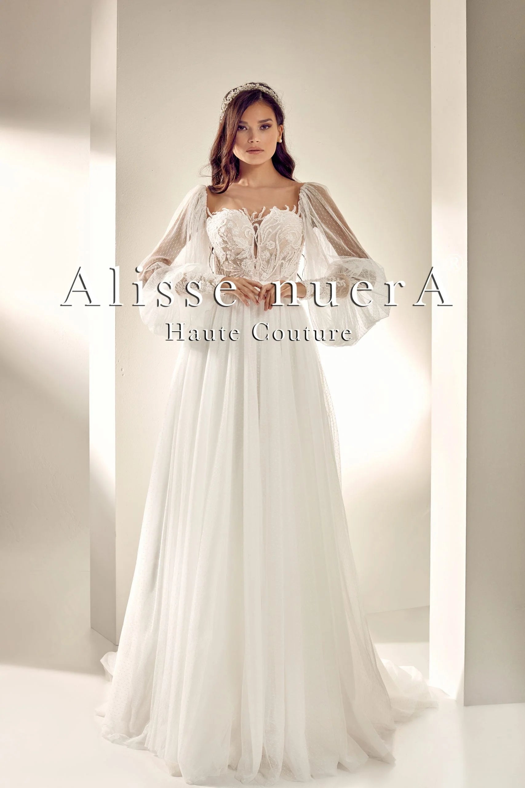 Dress for wedding celebrity style red carpet--Illusion Back Vintage Bridal Dress with Polka Dot Tulle Lantern Sleeve