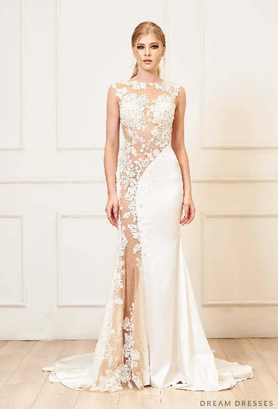 Wedding dress casual gathering lovely--Illusion Cut-Out Wedding Dress (#Lucille)