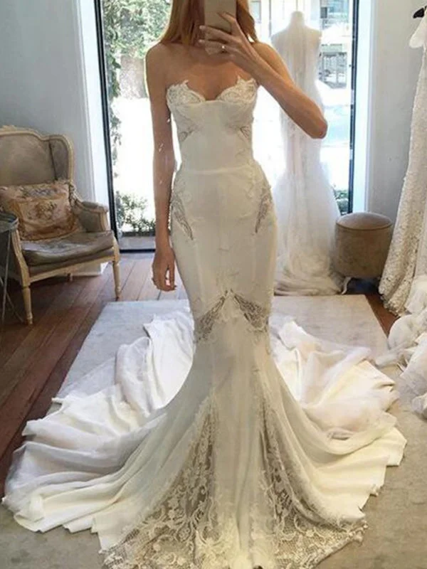 Wedding dress pastel colors romantic vibe--Ivory Chiffon Lace Sweetheart Strapless Mermaid Sexy Wedding Dresses, AB1564 Wedding dress pastel colors romantic vibe--Ivory Chiffon Lace Sweetheart Strapless Mermaid Sexy Wedding Dresses, AB1564