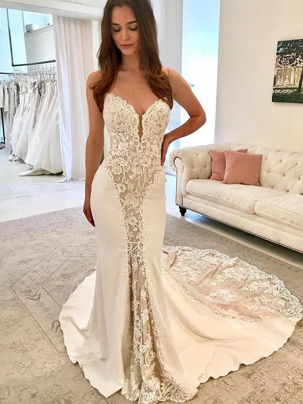 Dress for wedding attractive style wow--Ivory Satin Gorgeous Lace Spaghetti Strap With Nude Lining Vintage Wedding Dresses, AB1558 Dress for wedding attractive style wow--Ivory Satin Gorgeous Lace Spaghetti Strap With Nude Lining Vintage Wedding Dresses, AB1558