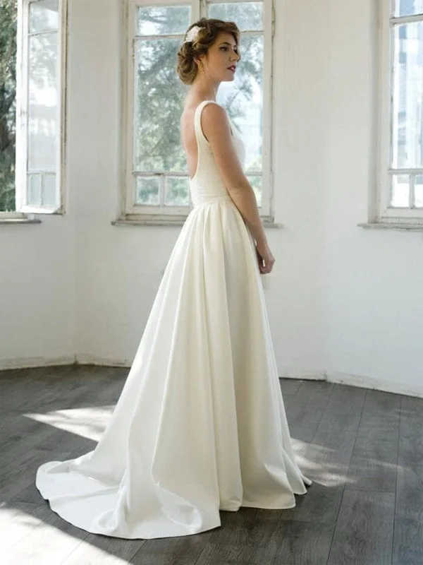 Wedding dress with a midi length retro chic--Ivory Satin V-neck Scoop Back A-line Simple Wedding Dresses, AB1557 Wedding dress with a midi length retro chic--Ivory Satin V-neck Scoop Back A-line Simple Wedding Dresses, AB1557