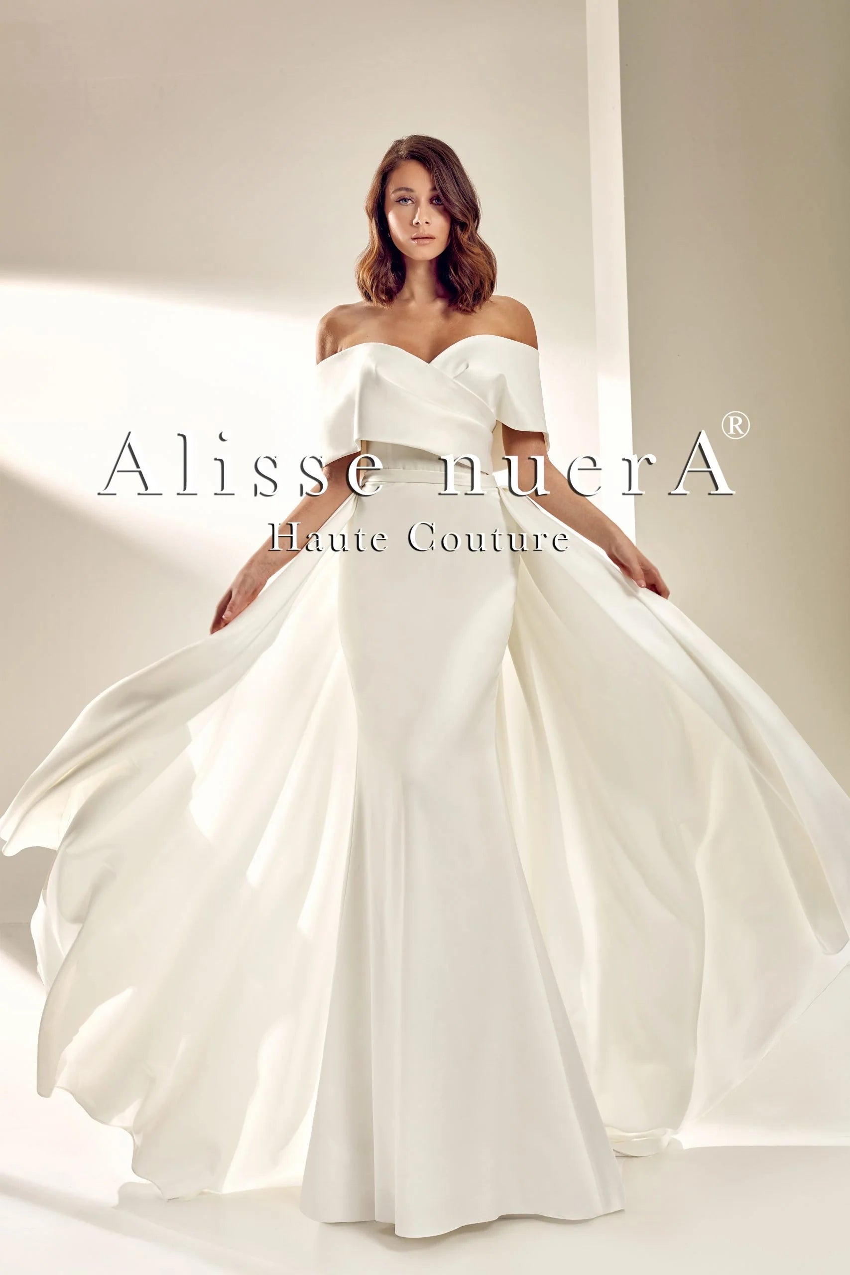 Wedding dress with statement sleeves trend--Ivory Satin Wrap Wedding Gown with Pleated Panel Train