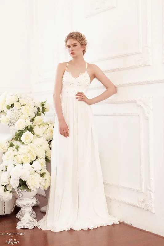 Wedding dress for a garden wedding theme--Lace and Chiffon Bohemian Wedding Dress (#Calida) Wedding dress for a garden wedding theme--Lace and Chiffon Bohemian Wedding Dress (#Calida)