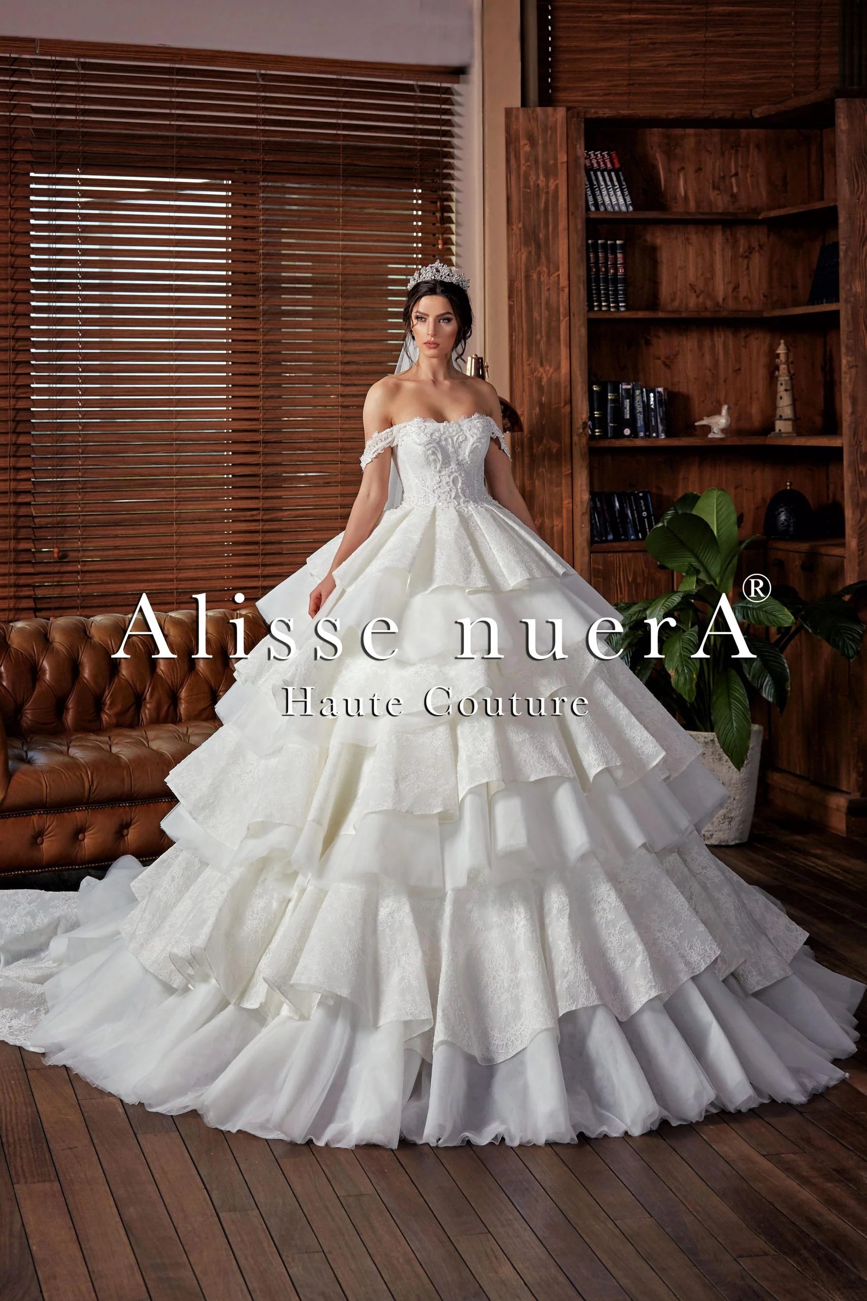 Wedding dress with sleeves for winter season--Lace and Tulle Layered Ruffle Wedding Dress with Off the Shoulder Lace Applique Wedding dress with sleeves for winter season--Lace and Tulle Layered Ruffle Wedding Dress with Off the Shoulder Lace Applique