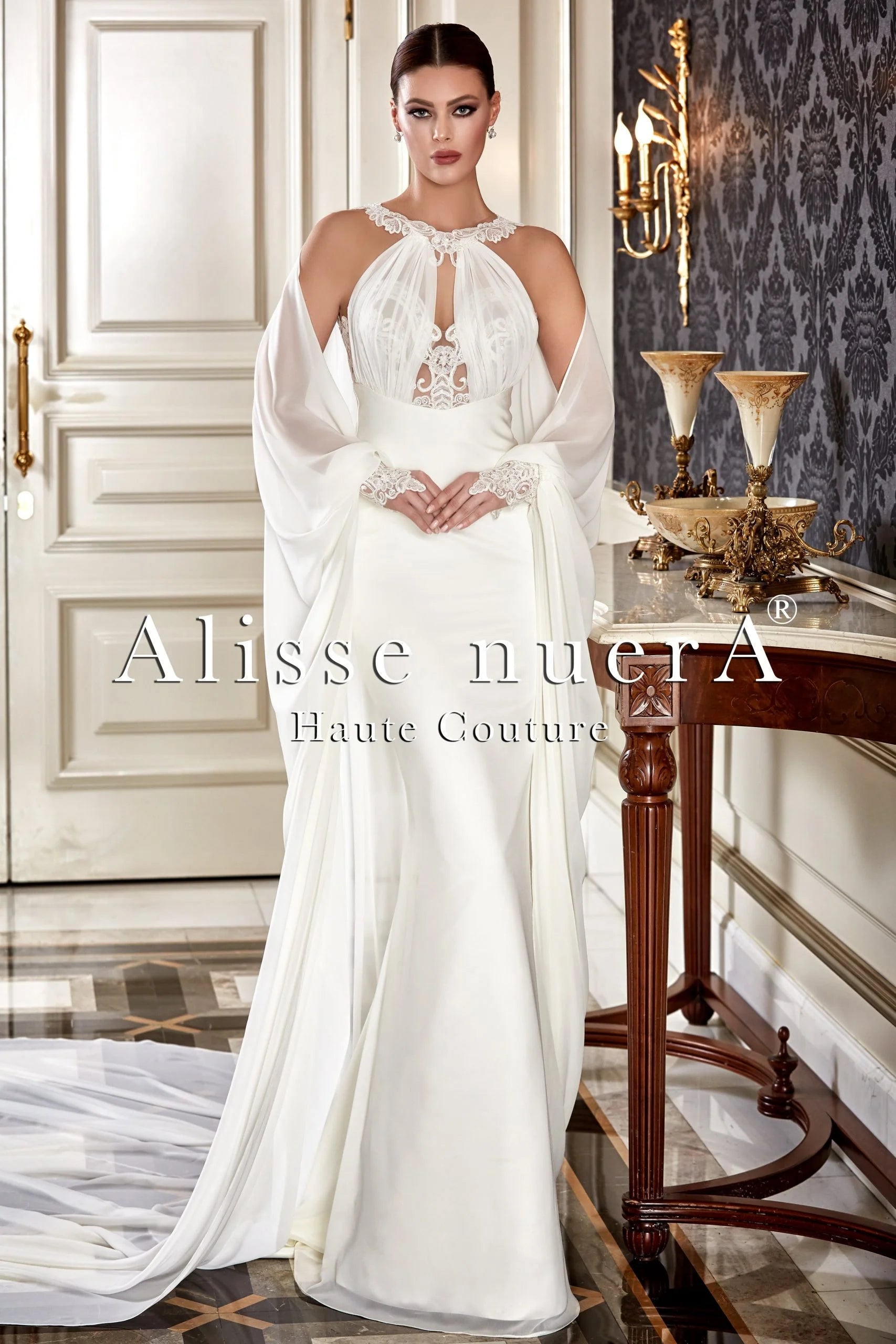 Wedding dress semi-formal events look fun--Lace Applique Halter Neck Satin Court Bridal Dress with Chiffon Watteau Train Cape Wedding dress semi-formal events look fun--Lace Applique Halter Neck Satin Court Bridal Dress with Chiffon Watteau Train Cape