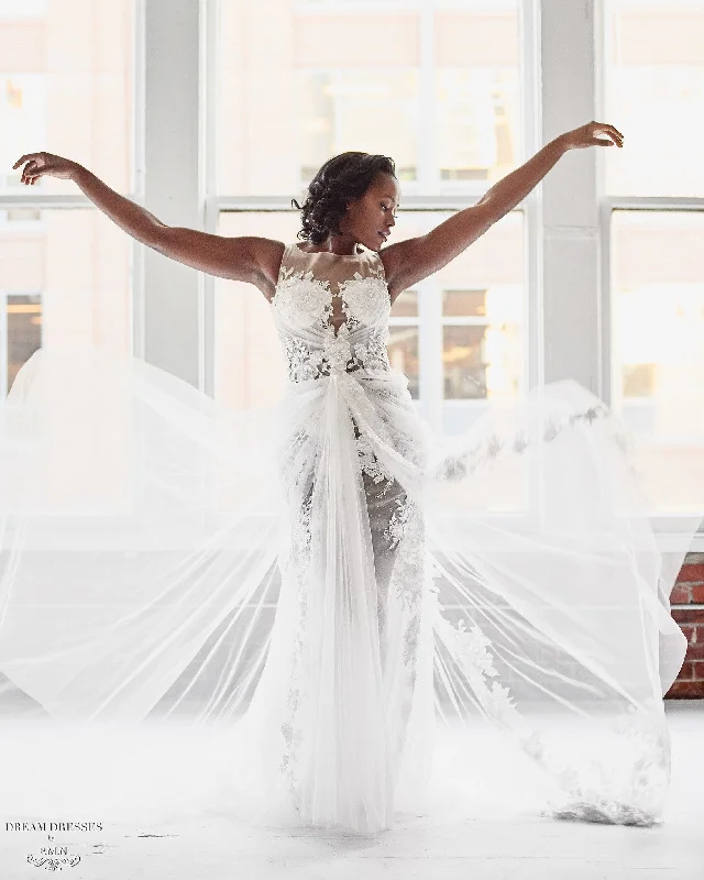 Dress for wedding modern style minimalist--Lace illusion Bodice Wedding Dress (#Mabelle) Dress for wedding modern style minimalist--Lace illusion Bodice Wedding Dress (#Mabelle)