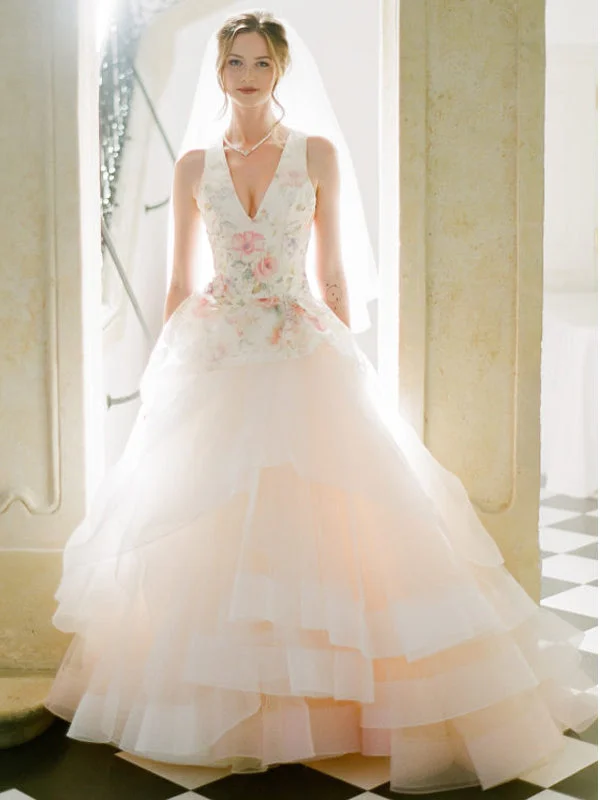 Wedding dress easy to pack lightweight best--Light Pink Organza Floral Prints Ball Gown Spring Wedding Dresses, AB1527 Wedding dress easy to pack lightweight best--Light Pink Organza Floral Prints Ball Gown Spring Wedding Dresses, AB1527