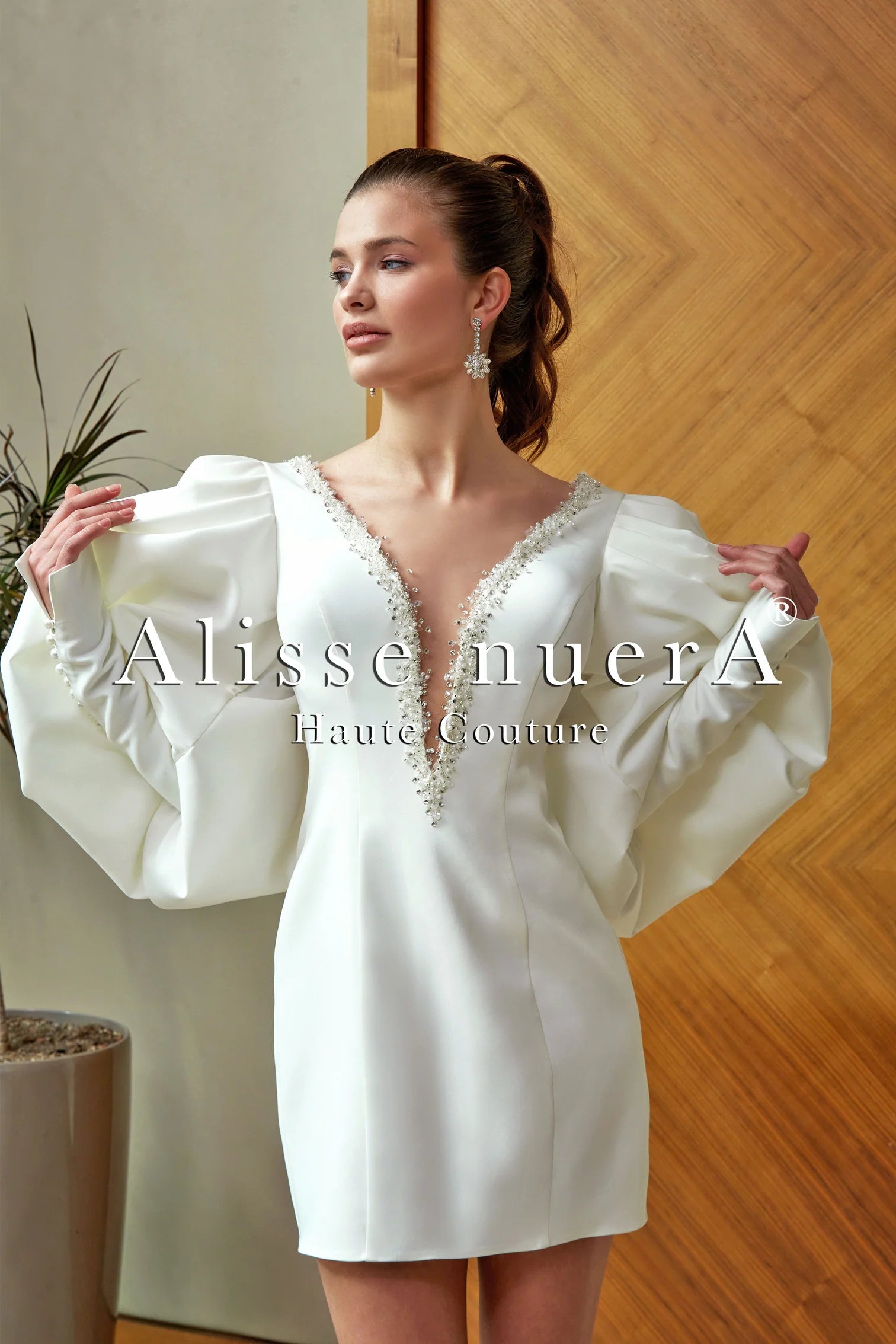 Wedding dress casual gathering lovely--Long-Balloon-Sleeve-Deep-V-Neck-Satin-Mini-Wedding-Dress-Model Wedding dress casual gathering lovely--Long-Balloon-Sleeve-Deep-V-Neck-Satin-Mini-Wedding-Dress-Model
