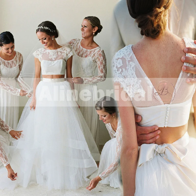 Dress for a rustic barn wedding outdoor style--New Arrival Two Piece Short Sleeves Round Neck Ivory Lace Tulle Wedding Dresses, AB1139 Dress for a rustic barn wedding outdoor style--New Arrival Two Piece Short Sleeves Round Neck Ivory Lace Tulle Wedding Dresses, AB1139