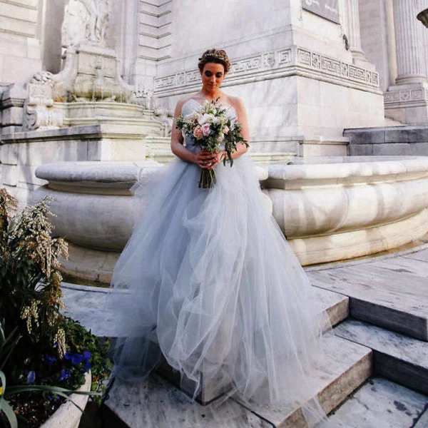 Dress for wedding semi-formal reception party--Light Grey Tulle Ruffles Strapless Ball Gown Simple Wedding Dresses, AB1110 Dress for wedding semi-formal reception party--Light Grey Tulle Ruffles Strapless Ball Gown Simple Wedding Dresses, AB1110