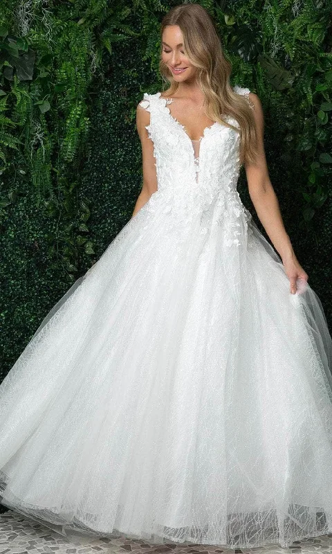 Wedding dress destination party look hot--Nox Anabel - JR930PW Floral Lace V-Neck Wedding Gown Wedding dress destination party look hot--Nox Anabel - JR930PW Floral Lace V-Neck Wedding Gown