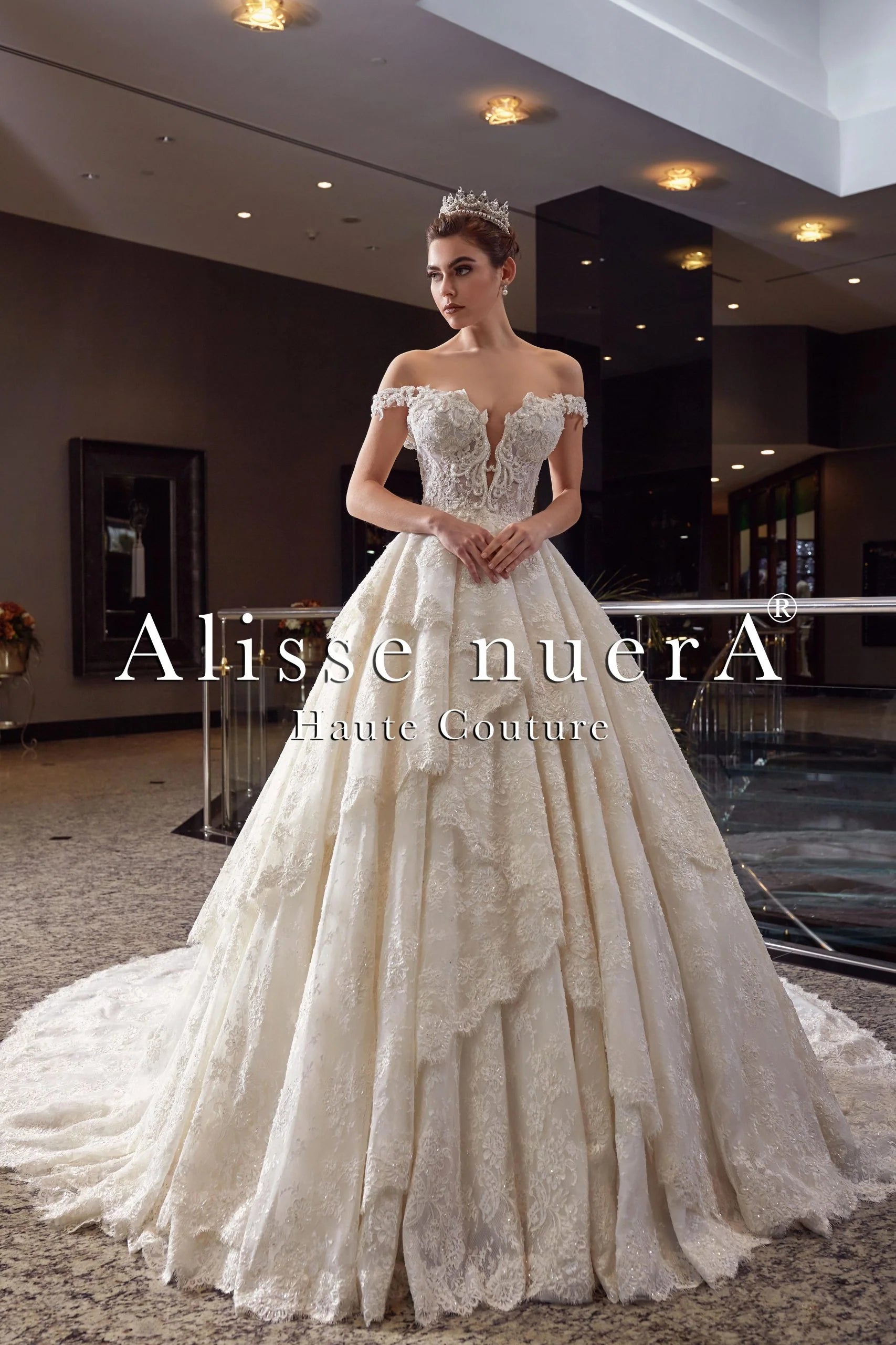 Dress for wedding maxi style bohemian vibe--Off Shoulder A Line Asymmetric Layered Lace Skirt Bridal Gown